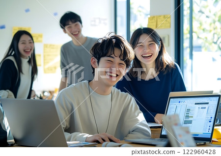 A moment of young Japanese people working happily by a bright window 122960428