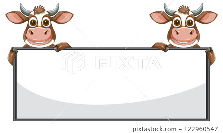 Cartoon Cows Holding Blank Sign 122960547
