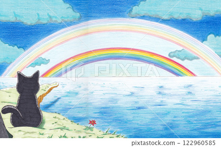 一隻黑貓在公海上面對雙彩虹 122960585