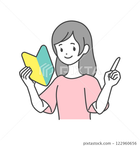 Stock Illustration: A woman with a beginner's mark pointing pose 122960656