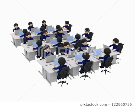 辦公室裡有很多辦公桌，商人在用筆記型電腦工作 122960736