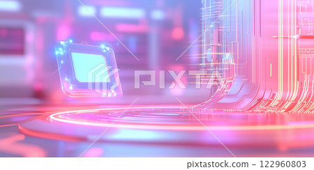 Abstract futuristic scene,glowing platform, floating screen,pink and blue lighting. Represents technology, data,innovation. website backgrounds, presentations,tech articles,sci-fi illustrations. 122960803
