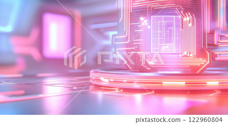 Futuristic technology scene,glowing circuits,platform, screen display,pink and blue lighting. Represents advanced technology, artificial intelligence,data processing.sci-fi illustrations. 122960804
