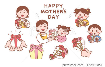 母親節那天，一個女孩送給媽媽花束的插圖集 122960851