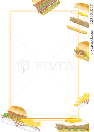 Watercolor Fast Food Frame Vertical with Burger, Cheeseburger, French Fries, for Menu Design, Posters, Printing, Web Design 122961097