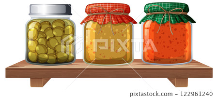 Colorful Jars on Wooden Shelf Colorful Jars on Wooden Shelf 122961240