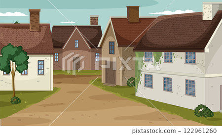Charming Village Street with Cozy Homes 122961260