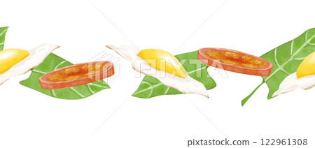 Watercolor Seamless Pattern with Fried Eggs, Tomatoes and Spinach, Clipart for Menu Design, Posters, Print, Web Design, Fabric, Textile, Scrapbooking 122961308