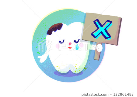 牙齒字符舉著十字標誌手繪插圖 122961492