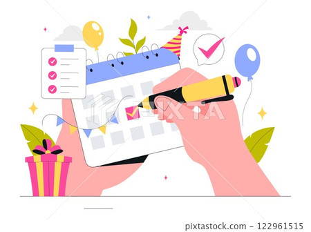 Event Planner Vector Illustration featuring Party Decorations, Scheduling, Time Management, Business Agenda, and a Calendar in a Flat Style Background 122961515