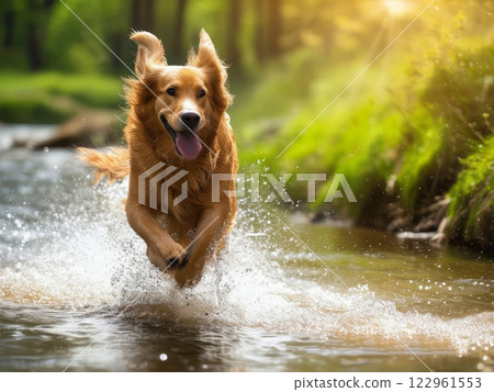 dog running in the river at the forrest 122961553