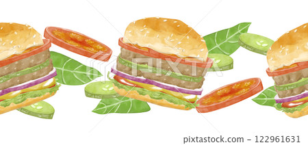 Watercolor Seamless Pattern Burger with Fresh Vegetables Illustration, Clipart for Menu Design, Posters, Printing, Web Design, Fabric, Textile, Scrapbooking Watercolor Seamless Pattern Burger with Fresh Vegetables Illustration, Clipart for Menu Design, Posters, Printing, Web Design, Fabric, Textile, Scrapbooking 122961631