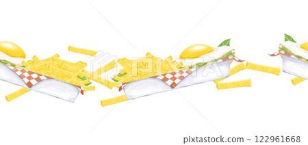 Watercolor Seamless Pattern French Fries with Egg Illustration, Clipart for Menu Design, Posters, Print, Web Design, Fabric, Textile, Scrapbooking 122961668