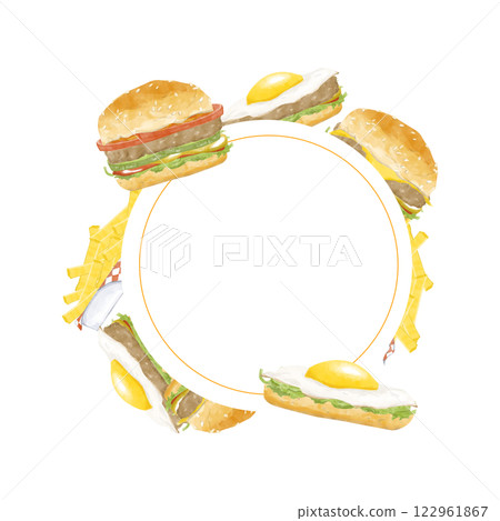Watercolor Seamless Pattern Circular Food Frame Illustration with Burgers and Eggs Illustration, Clipart for Menu Design, Posters, Print, Web Design, Fabric, Textile, Scrapbooking 122961867
