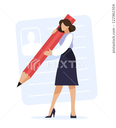 Woman resume for work, businesswoman filling out documents, business process concept, recruitment, career development. Flat cartoon vector. Woman resume for work, businesswoman filling out documents, business process concept, recruitment, career development. Flat cartoon vector. 122962304