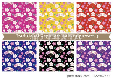 Japanese cherry blossom and fan seamless pattern set (dark color) Japanese cherry blossom and fan seamless pattern set (dark color) 122962352