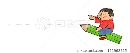 Boy riding a pencil Copy space Boy riding a pencil Copy space 122962815