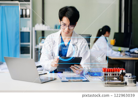 Medical technology, doctor use AI robots for diagnosis and increasing accuracy patient treatment in future. 122963039