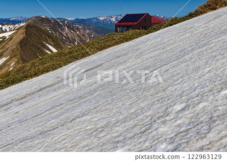 A view of the snowfield just below the summit of Mt. Tanigawa, the shoulder hut, Mt. Sennokura, and Mt. Naeba 122963129