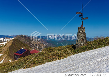View of Katano Hut and the Joetsu border ridgeline and Mt. Naeba from the snowfield just below the summit of Mt. Tanigawa View of Katano Hut and the Joetsu border ridgeline and Mt. Naeba from the snowfield just below the summit of Mt. Tanigawa 122963133