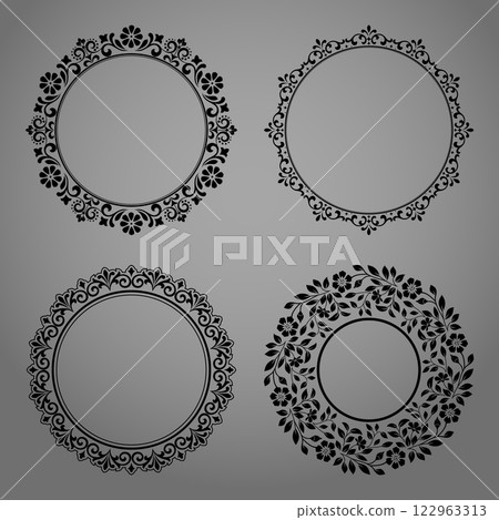 Set of decorative frames Elegant vector element for design in Eastern style, place for text. Floral black and gray borders. Lace illustration for invitations and greeting cards 122963313