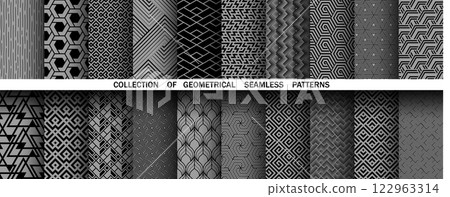 Geometric set of seamless black and gray patterns. Simple vector graphics 122963314