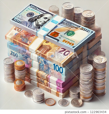 成堆的金幣和紙幣 成堆的金幣和紙幣 122963434