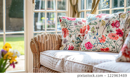 Colorful pillows on sofa against glass wall of window in a winter garden or conservatory. Interior textile concept. High quality photo 122963489