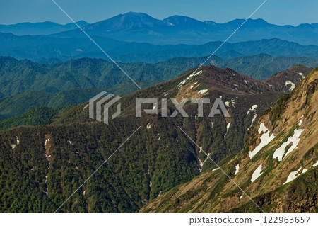Mount Asama and Mount Tateshina seen from the summit of Mount Tanigawa in early summer 122963657