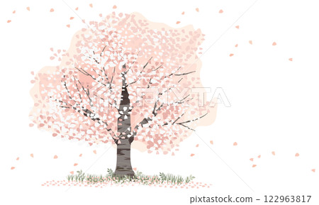 Spring landscape illustration with cherry blossom petals falling Spring landscape illustration with cherry blossom petals falling 122963817