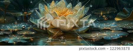 A serene water lily surrounded by lush green leaves in a tranquil pond setting. A serene water lily surrounded by lush green leaves in a tranquil pond setting. 122963878