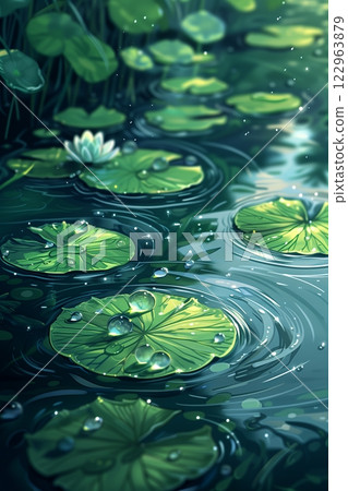 A serene water scene featuring lily pads and reflections in calm water. A serene water scene featuring lily pads and reflections in calm water. 122963879