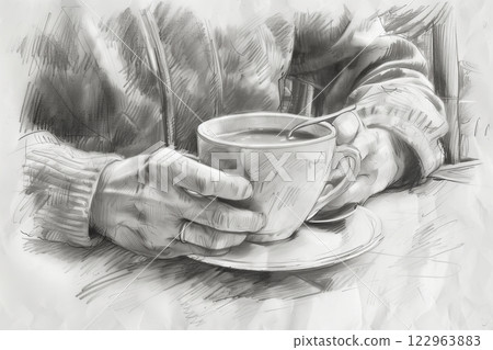 A sketch of a person's hands holding a cup of coffee, conveying warmth and comfort. 122963883