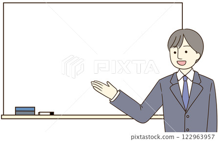 A man in a suit pointing at a whiteboard and explaining 122963957