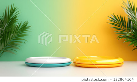 Minimalist design with colorful plates and tropical leaves on vibrant background Minimalist design with colorful plates and tropical leaves on vibrant background 122964104