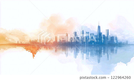 An abstract city skyline blends with global network nodes, bathed in bright blue and orange tones 122964260