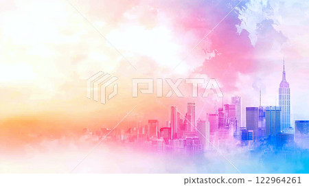 In bright blue and orange tones, an abstract city skyline merges with global network nodes 122964261