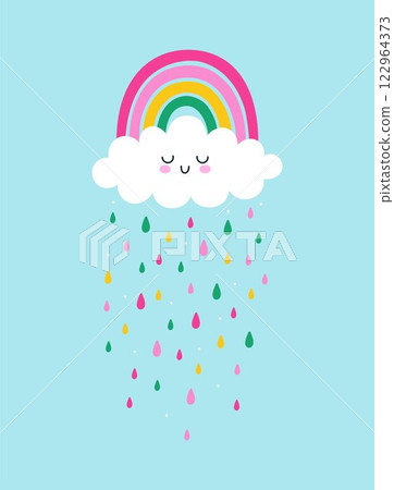 Children's postcard or poster with cloud, rainbow and rain. Vector graphics. Children's postcard or poster with cloud, rainbow and rain. Vector graphics. 122964373