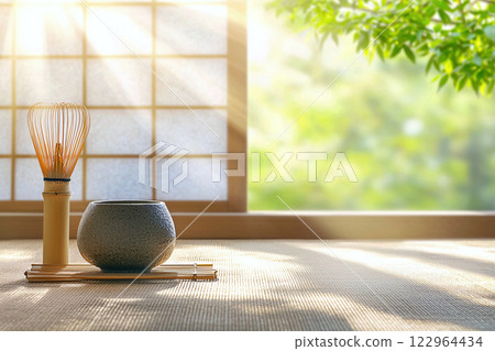 On a tatami mat, an elegant Japanese tea set featuring a matcha whisk, ceramic bowl and tea 122964434