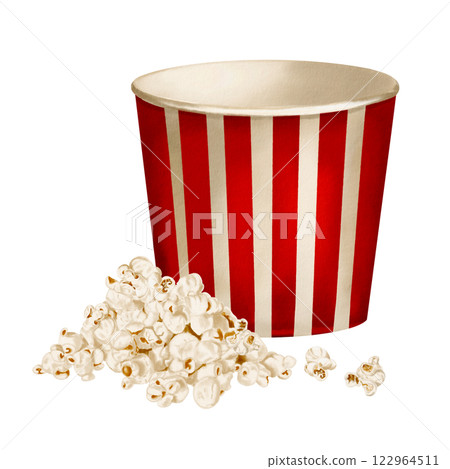 empty popcorn containerLarge paper glass with red stripes. Lots of popcorn Watercolor illustration isolated from background. Classic retro style. Snack in a bowl. Movie party.  122964511