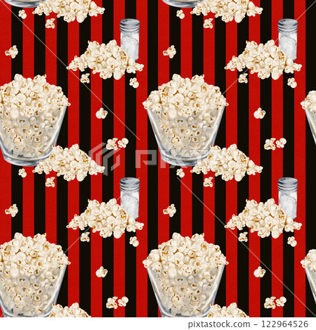 Seamless pattern with popcorn. Red stripes. black background Popcorn in a glass bowl. Heaps of popcorn with salt. Glass salt shaker. Watercolor illustration. Classic retro style. 122964526