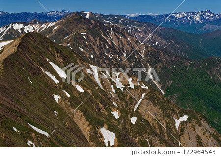 The Joetsu border ridgeline seen from Mt. Tanigawa and Toma no Mimi, and the remaining snow on Mt. Naeba and Mt. Hakuba The Joetsu border ridgeline seen from Mt. Tanigawa and Toma no Mimi, and the remaining snow on Mt. Naeba and Mt. Hakuba 122964543