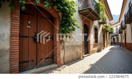 Rustic brown wooden door with traditional Argentine character in the street 122964675