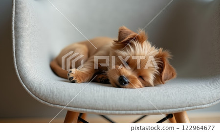 Yorkshire terrier puppy peacefully sleeping on a modern chair at home Yorkshire terrier puppy peacefully sleeping on a modern chair at home 122964677