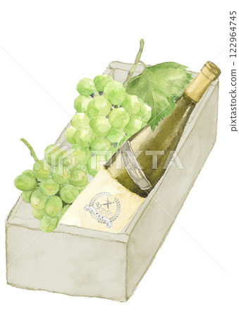 Illustration of a boxed set of grapes and white wine bottles painted with watercolors [hand-drawn] White background Transparent background 122964745