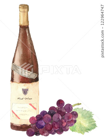 葡萄和紅酒瓶套裝的水彩插圖[手繪] 白色背景 透明背景 有影印空間 122964747