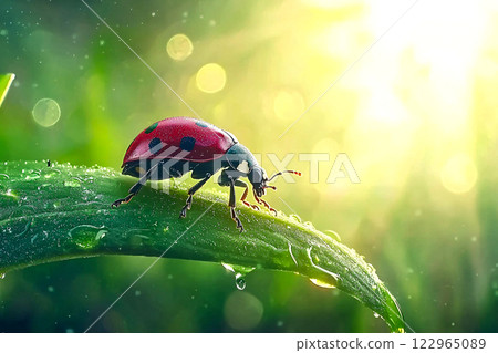 Close-up of a ladybug on a leaf, vibrant red against green with dreamy bokeh and vivid contrast 122965089