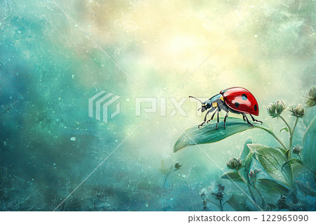 Ladybug on a leaf, macro shot with vibrant red and green, dreamy bokeh, highlighting nature contrast 122965090