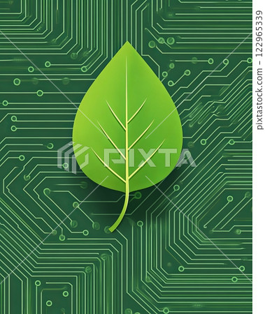Green leaf emerging from a microchip on a circuit board highlighting the synergy of nature and technology Green leaf emerging from a microchip on a circuit board highlighting the synergy of nature and technology 122965339