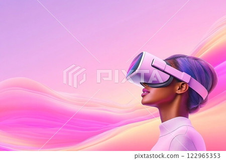 A couple experiencing a breathtaking virtual reality adventure in soft pink and purple hues 122965353